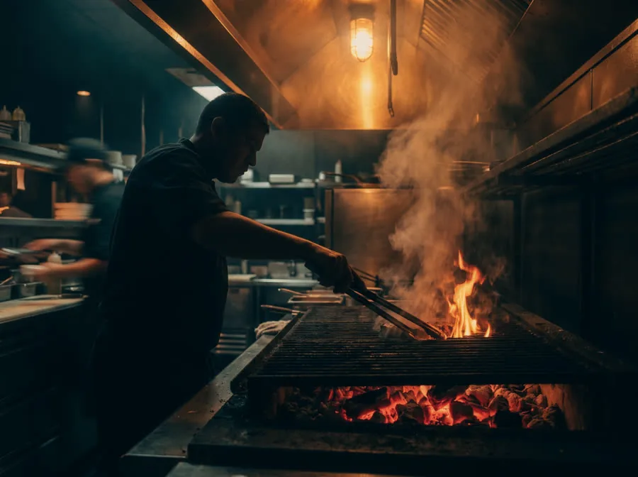 Brasa à vista na cozinha do Brasa Dourada